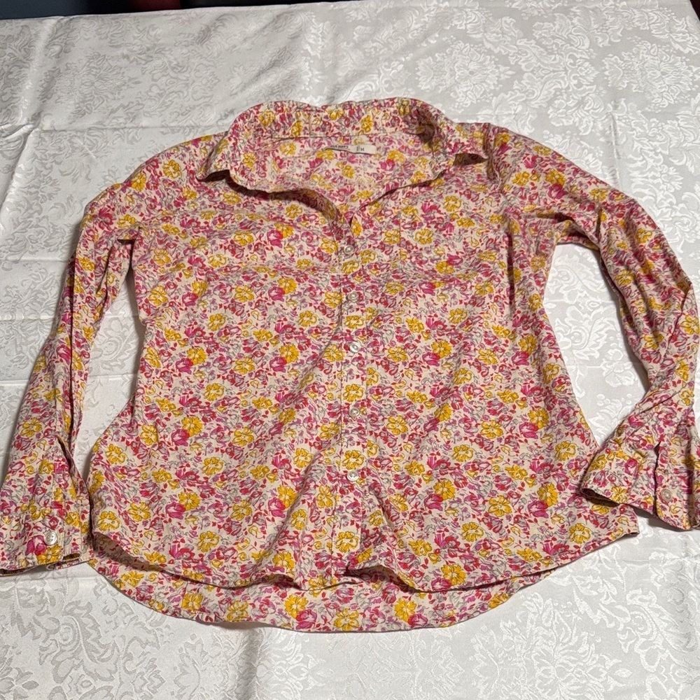 Old Navy Pink and Yellow Floral Button Down Shirt Size M